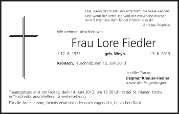 Anzeige von Lore Fiedler von MGO