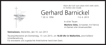 Anzeige von Gerhard Barnickel von MGO