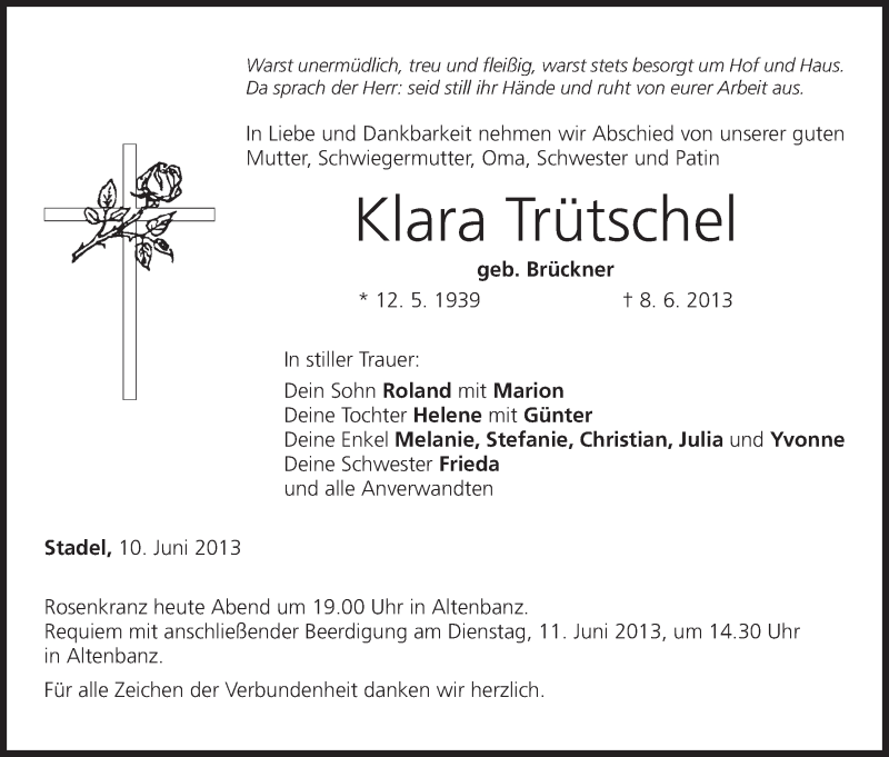  Traueranzeige für Klara Trütschel vom 10.06.2013 aus MGO