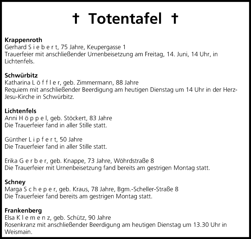  Traueranzeige für Totentafel vom 11.06.2013 vom 11.06.2013 aus MGO