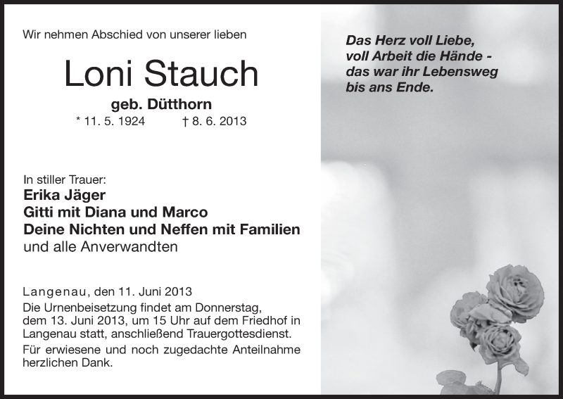  Traueranzeige für Loni Stauch vom 11.06.2013 aus MGO