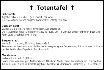 Anzeige von Totentafel vom 12.06.2013 von MGO