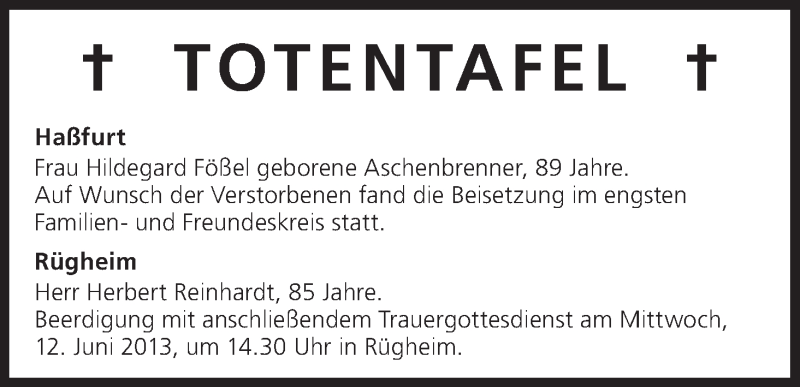  Traueranzeige für Totentafel vom 12.06.2013 vom 12.06.2013 aus MGO