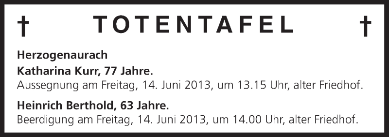  Traueranzeige für Totentafel vom 13.06.2013 vom 13.06.2013 aus MGO
