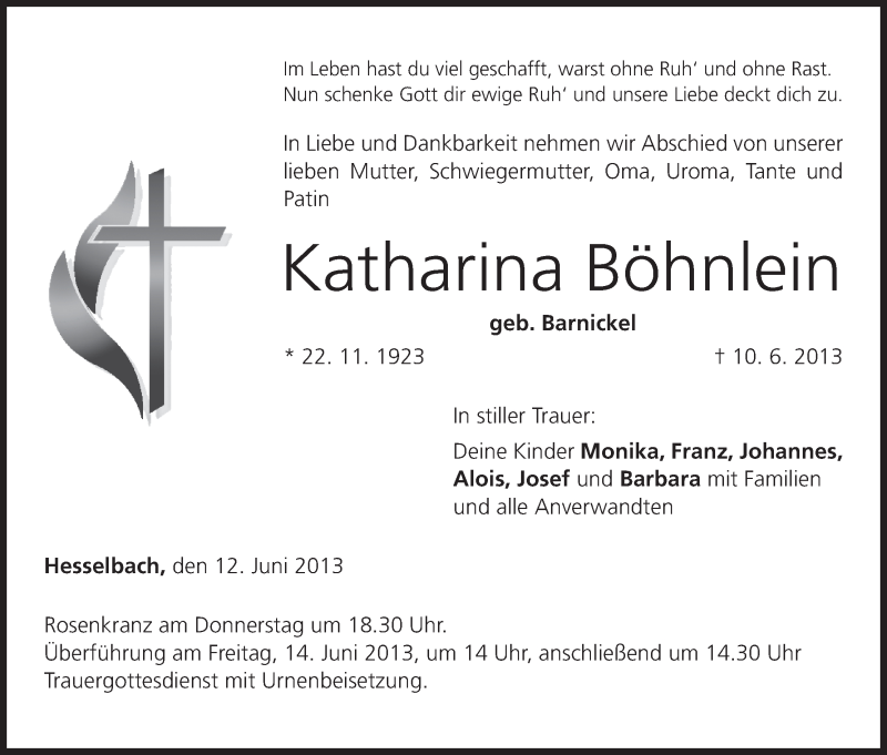  Traueranzeige für Katharina Böhnlein vom 12.06.2013 aus MGO