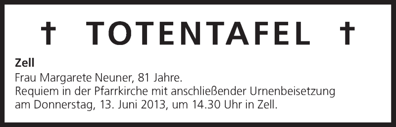  Traueranzeige für Totentafel vom 13.06.2013 vom 13.06.2013 aus MGO
