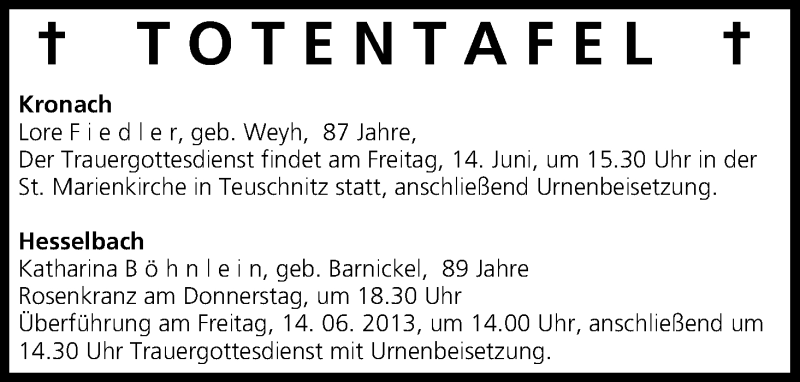  Traueranzeige für Totentafel vom 13.06.2013 vom 13.06.2013 aus MGO
