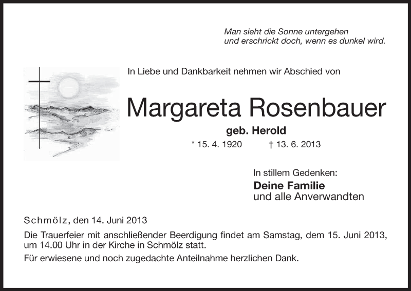  Traueranzeige für Margareta Rosenbauer vom 14.06.2013 aus MGO