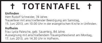 Anzeige von Totentafel vom 15.06.2013 von MGO