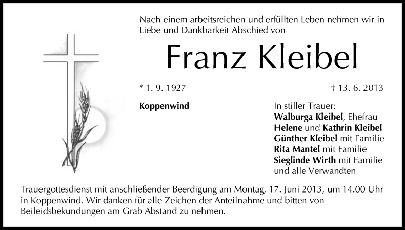  Traueranzeige für Franz Kleibel vom 15.06.2013 aus MGO