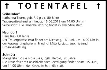 Anzeige von Totentafel vom 15.06.2013 von MGO