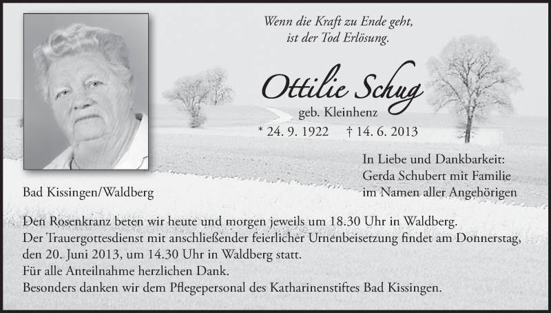  Traueranzeige für Ottilie Schug vom 15.06.2013 aus MGO