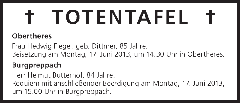  Traueranzeige für Totentafel vom 17.06.2013 vom 17.06.2013 aus MGO