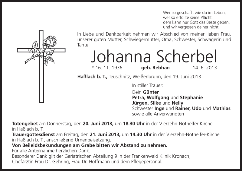  Traueranzeige für Johanna Scherbel vom 19.06.2013 aus MGO