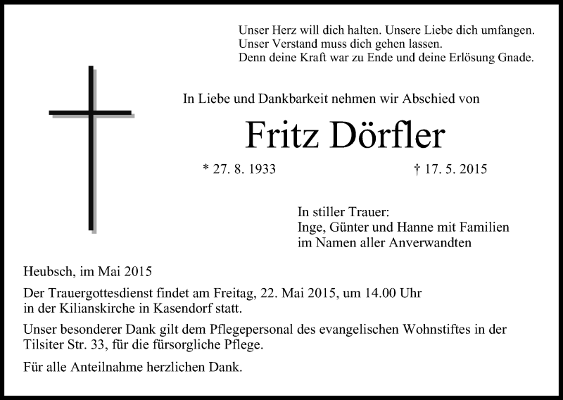  Traueranzeige für Fritz Dörfler vom 20.05.2015 aus MGO