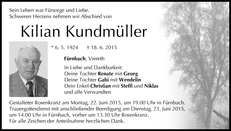  Traueranzeige für Kilian Kundmüller vom 20.06.2015 aus MGO