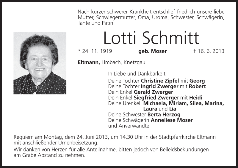  Traueranzeige für Lotti Schmitt vom 22.06.2013 aus MGO