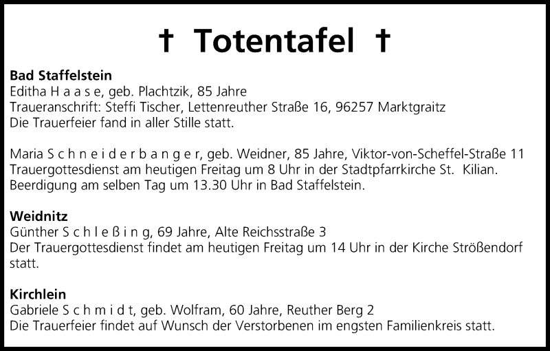  Traueranzeige für Totentafel vom 21.06.2013 vom 21.06.2013 aus MGO