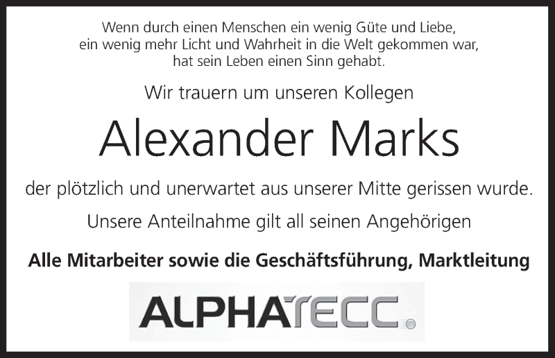  Traueranzeige für Alexander Marks vom 21.06.2013 aus MGO