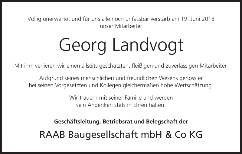  Traueranzeige für Georg Landvogt vom 26.06.2013 aus MGO