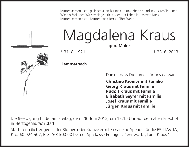  Traueranzeige für Magdalena Kraus vom 26.06.2013 aus MGO