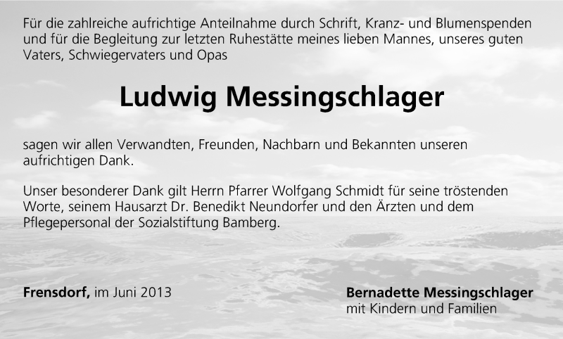  Traueranzeige für Ludwig Messingschlager vom 29.06.2013 aus MGO
