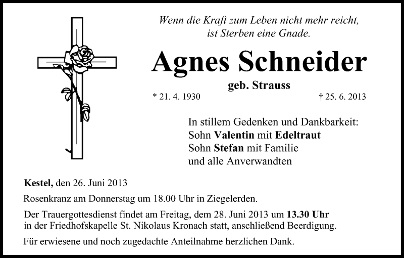  Traueranzeige für Agnes Schneider vom 26.06.2013 aus MGO