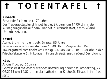 Anzeige von Totentafel vom 27.06.2013 von MGO