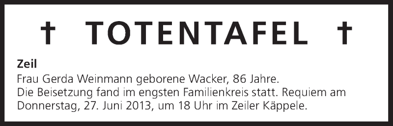  Traueranzeige für Totentafel vom 27.06.2013 vom 27.06.2013 aus MGO