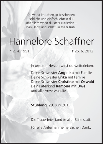 Anzeige von Hannelore Schaffner von MGO