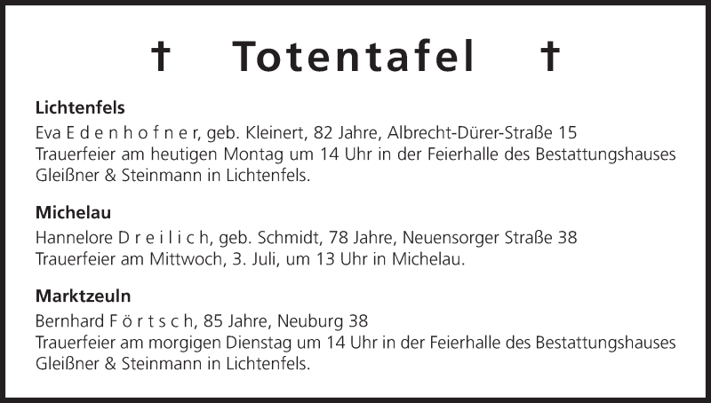  Traueranzeige für Totentafel vom 01.07.2013 vom 01.07.2013 aus MGO
