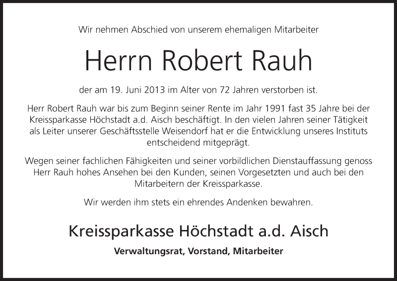  Traueranzeige für Robert Rauh vom 01.07.2013 aus MGO