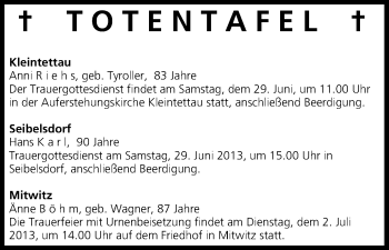 Anzeige von Totentafel vom 29.06.2013 von MGO