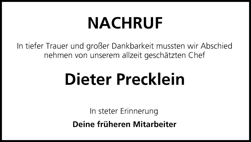  Traueranzeige für Dieter Precklein vom 29.06.2013 aus MGO