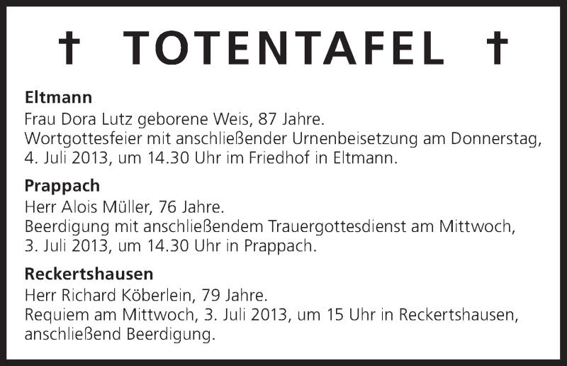  Traueranzeige für Totentafel vom 03.07.2013 vom 03.07.2013 aus MGO