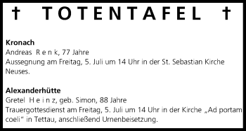 Anzeige von Totentafel vom 04.07.2013 von MGO