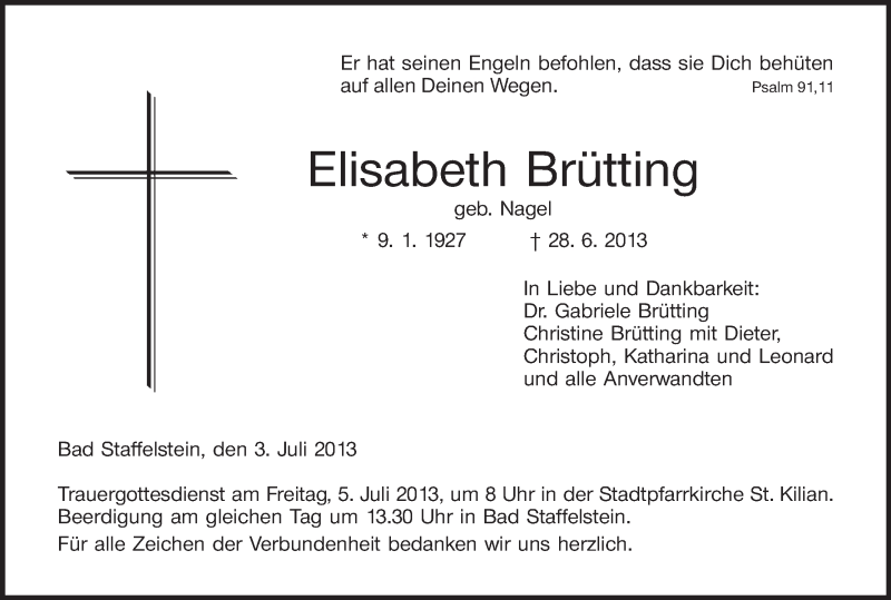  Traueranzeige für Elisabeth Brütting vom 03.07.2013 aus MGO