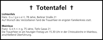 Anzeige von Totentafel vom 05.07.2013 von MGO