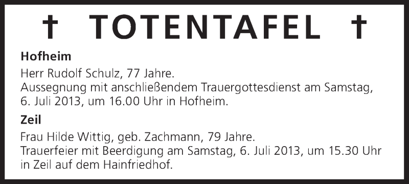  Traueranzeige für Totentafel vom 05.07.2013 vom 05.07.2013 aus MGO