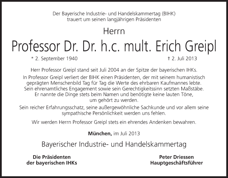 Traueranzeige für Erich Greipl vom 05.07.2013 aus MGO