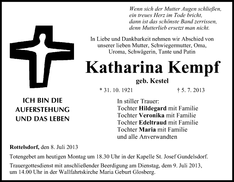  Traueranzeige für Katharina Kempf vom 08.07.2013 aus MGO