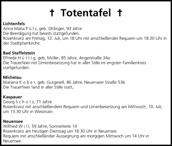 Anzeige von Totentafel vom 09.07.2013 von MGO