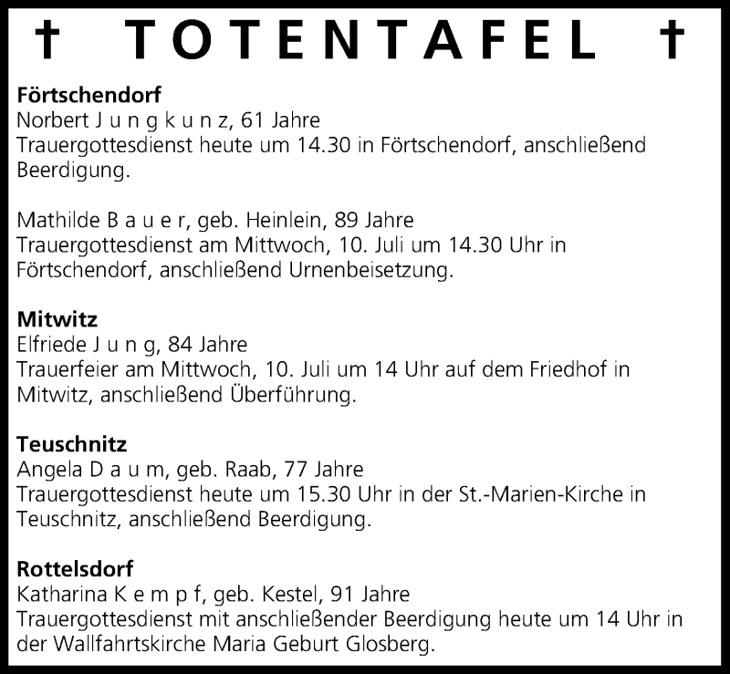  Traueranzeige für Totentafel vom 09.07.2013 vom 09.07.2013 aus MGO