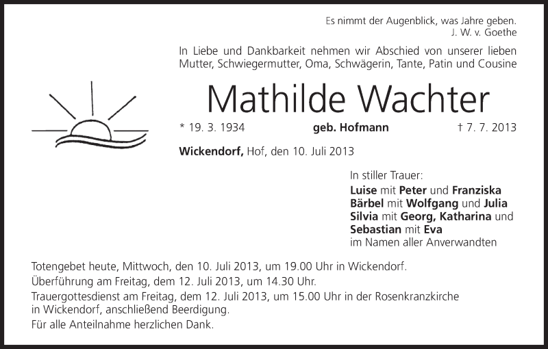  Traueranzeige für Mathilde Wachter vom 10.07.2013 aus MGO