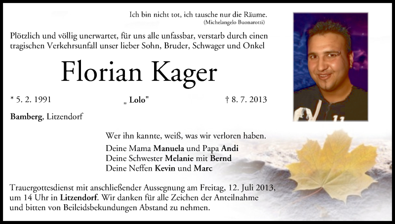  Traueranzeige für Florian Kager vom 10.07.2013 aus MGO