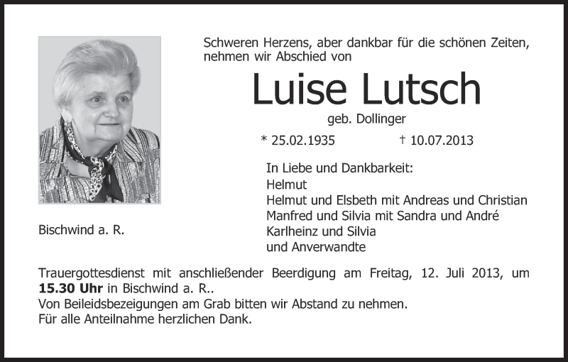  Traueranzeige für Luise Lutsch vom 11.07.2013 aus MGO