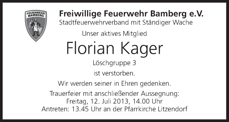  Traueranzeige für Florian Kager vom 11.07.2013 aus MGO
