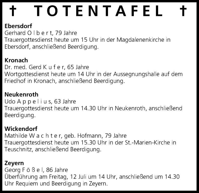  Traueranzeige für Totentafel vom 11.07.2013 vom 11.07.2013 aus MGO