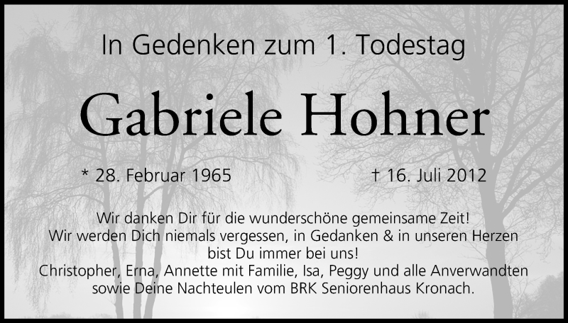  Traueranzeige für Gabriele Hohner vom 16.07.2013 aus MGO