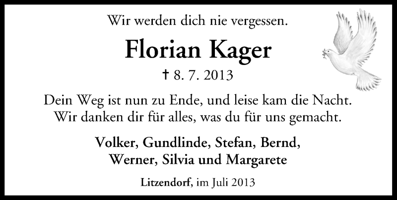  Traueranzeige für Florian Kager vom 12.07.2013 aus MGO